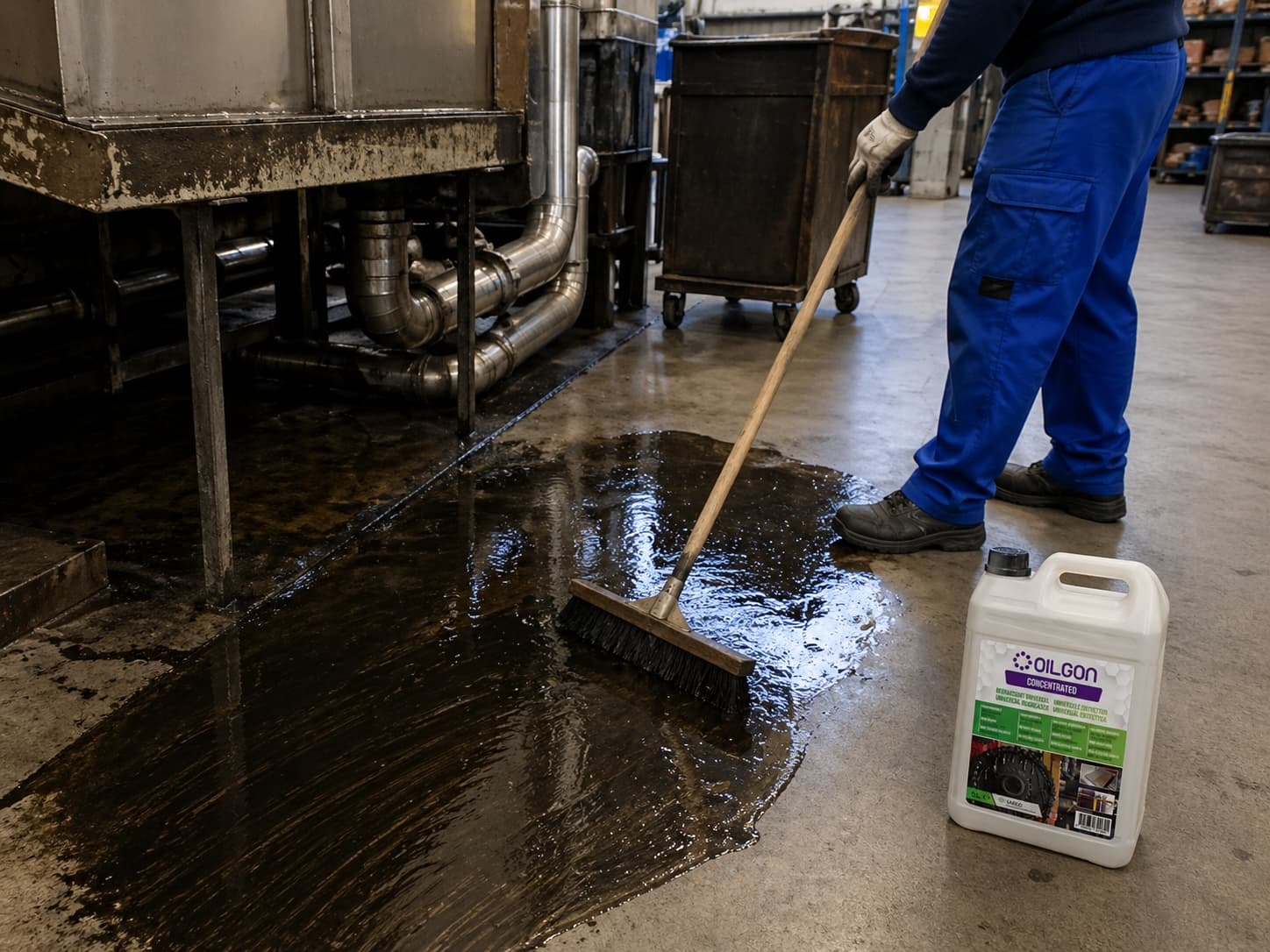 Application Oilgon sur huile et salissures industrielles au sol